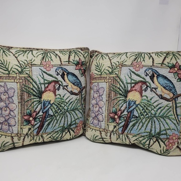 Parrot & Palm Tree Tapestry Pillows Set of 2  Tropical Jungle Decor Coastal Boho - Picture 1 of 7